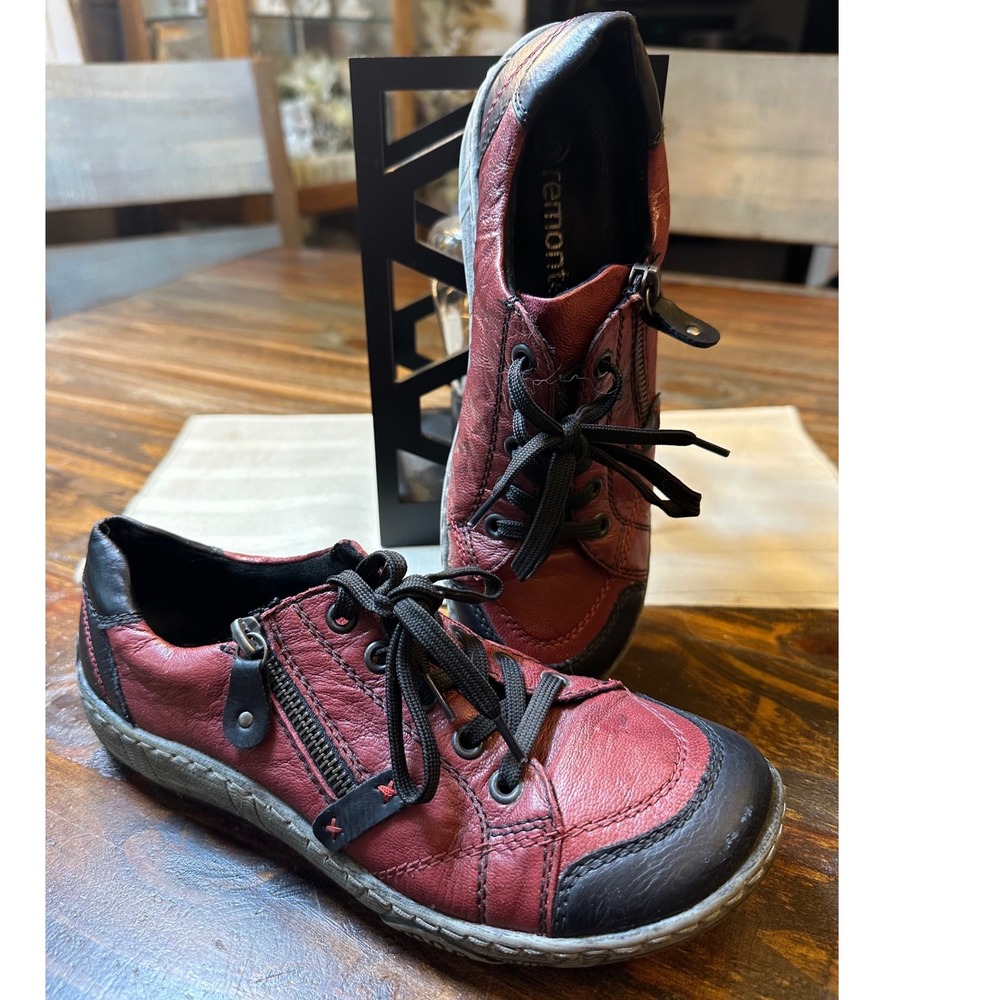 Remonte Leather Sneakers Women 38 Burgundy Red Black Side Zip Lace Up Low Top